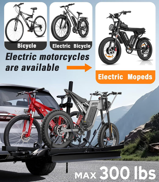 Ebike Rack with Ramp for Tow Hitch,300Lbs Load Capacity Heavy Duty E Bike Carrier Raks for 2 Bikes, Fits SUV, Truck, RV, Van– Car Bike Rack for Electric Mopeds,E-Bikes, Fat Tire Mountain Bicycles