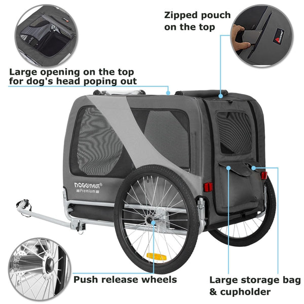 DOGGYHUT® Premium XL Pet Bike Trailer - 100lbs Capacity.