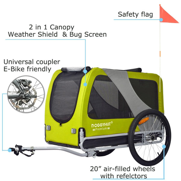 DOGGYHUT® Premium XL Pet Bike Trailer - 100lbs Capacity.