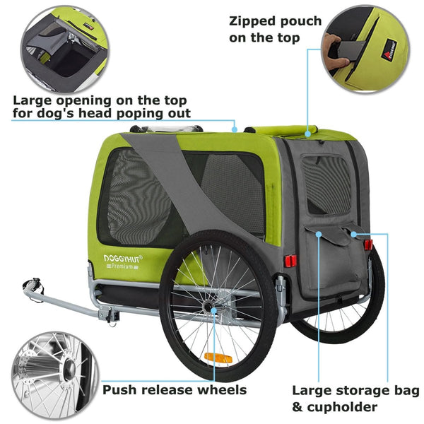 DOGGYHUT® Premium XL Pet Bike Trailer - 100lbs Capacity.