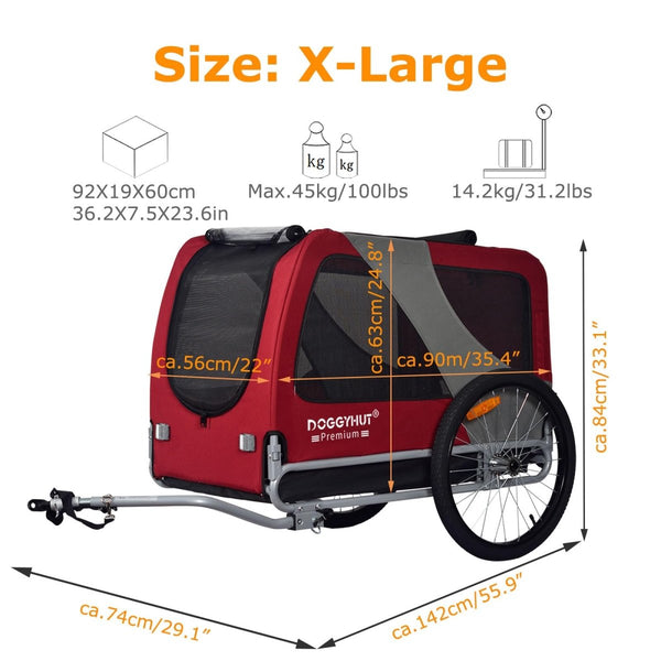 DOGGYHUT® Premium XL Pet Bike Trailer - 100lbs Capacity.