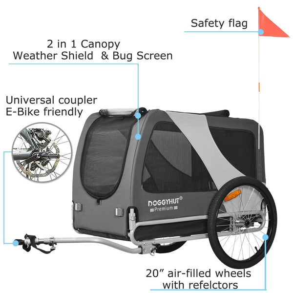DOGGYHUT® Premium XL Pet Bike Trailer - 100lbs Capacity.