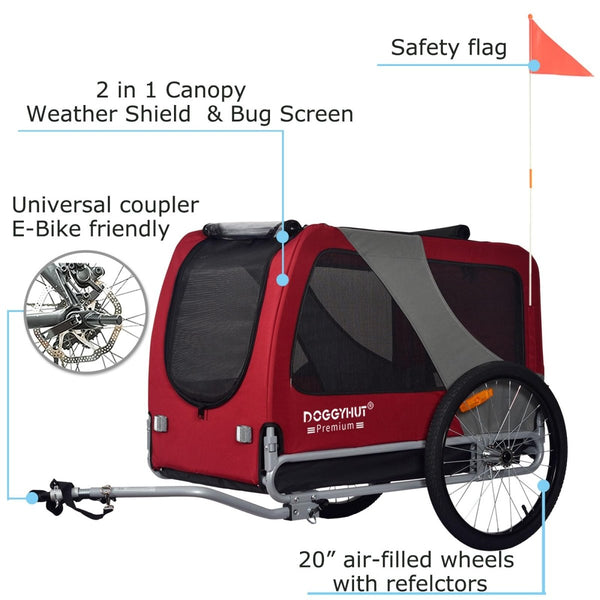 DOGGYHUT® Premium XL Pet Bike Trailer - 100lbs Capacity.