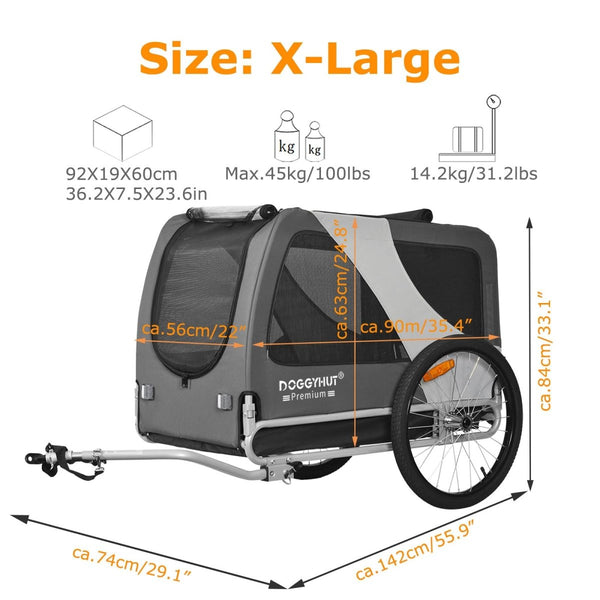 DOGGYHUT® Premium XL Pet Bike Trailer - 100lbs Capacity.
