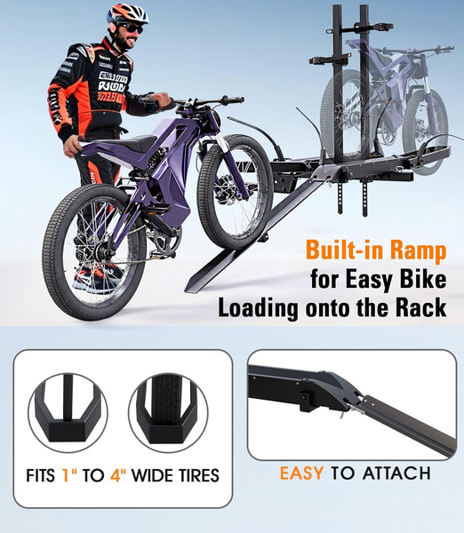 Ebike Rack with Ramp for Tow Hitch,300Lbs Load Capacity Heavy Duty E Bike Carrier Raks for 2 Bikes, Fits SUV, Truck, RV, Van– Car Bike Rack for Electric Mopeds,E-Bikes, Fat Tire Mountain Bicycles
