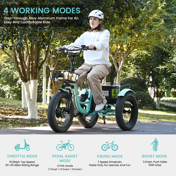 750W Motor Electric Tricycle for Adults, 7 Speed 20 X 4.0 Inch Fat Tire 3 Wheel Electric Bike, 48V Removable Battery, Motorized Trike with Carry Cargo Front & Rear Basket