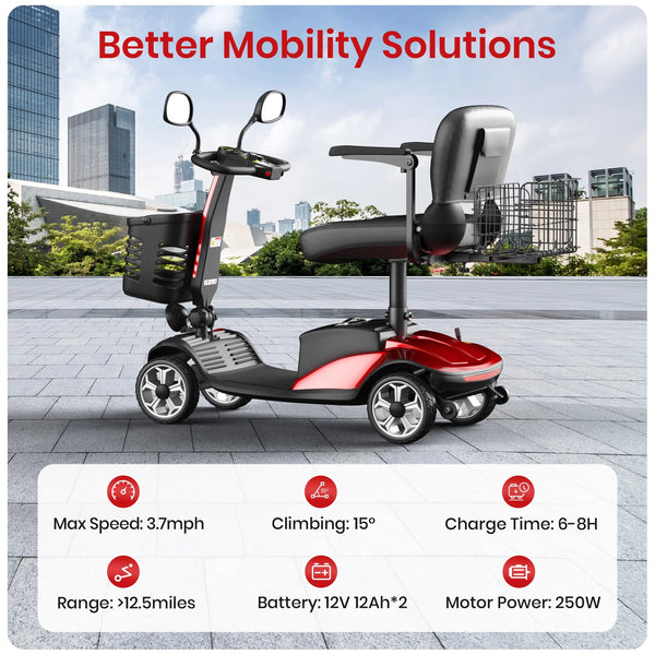 Upgrade 4 Wheel Mobility Scooter for Seniors, Foldable Powered Mobile Wheelchair for Adult 330Lbs, Red