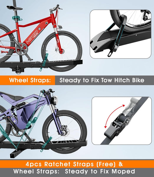 Ebike Rack with Ramp for Tow Hitch,300Lbs Load Capacity Heavy Duty E Bike Carrier Raks for 2 Bikes, Fits SUV, Truck, RV, Van– Car Bike Rack for Electric Mopeds,E-Bikes, Fat Tire Mountain Bicycles