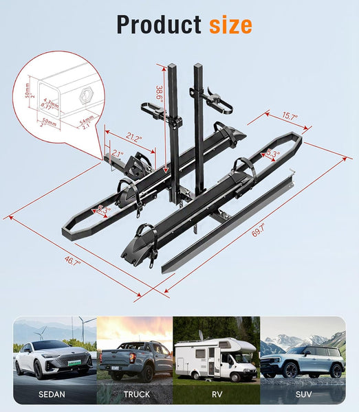 Ebike Rack with Ramp for Tow Hitch,300Lbs Load Capacity Heavy Duty E Bike Carrier Raks for 2 Bikes, Fits SUV, Truck, RV, Van– Car Bike Rack for Electric Mopeds,E-Bikes, Fat Tire Mountain Bicycles