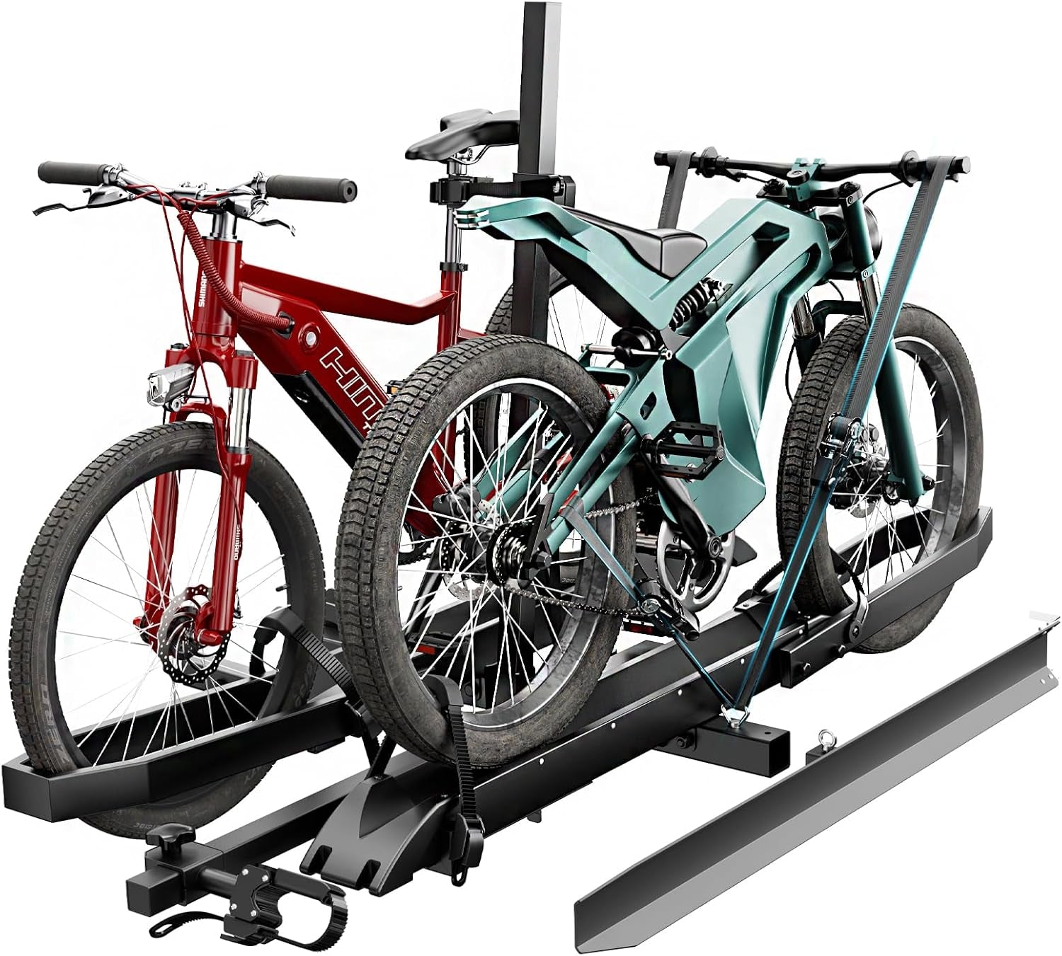 Ebike Rack with Ramp for Tow Hitch,300Lbs Load Capacity Heavy Duty E Bike Carrier Raks for 2 Bikes, Fits SUV, Truck, RV, Van– Car Bike Rack for Electric Mopeds,E-Bikes, Fat Tire Mountain Bicycles