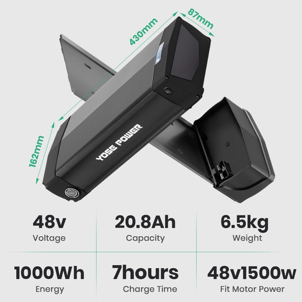 YS YOSE POWER 48V 20.8Ah Rear Rack Ebike Battery for Max 1500W Electric Bicycle Battery Black Luggage Rack 500W 1000W 1500W E-Bikes (Only Black Battery) with USB
