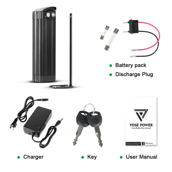 YS YOSE POWER 48V 15AH Lithium Ebike Battery Seat Tube 250W 350W 500W 750W 1000W Bicycle Electric Bike Battery with Charger 2Pins Discharge Port 30A BMS Silverfish E Bike Batteries