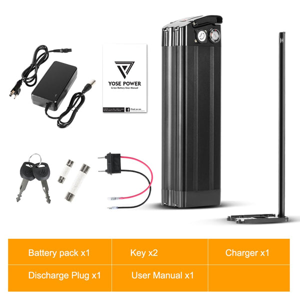 YS YOSE POWER 48V 15AH Lithium Ebike Battery Seat Tube 250W 350W 500W 750W 1000W Bicycle Electric Bike Battery with Charger 2Pins Discharge Port 30A BMS Silverfish E Bike Batteries
