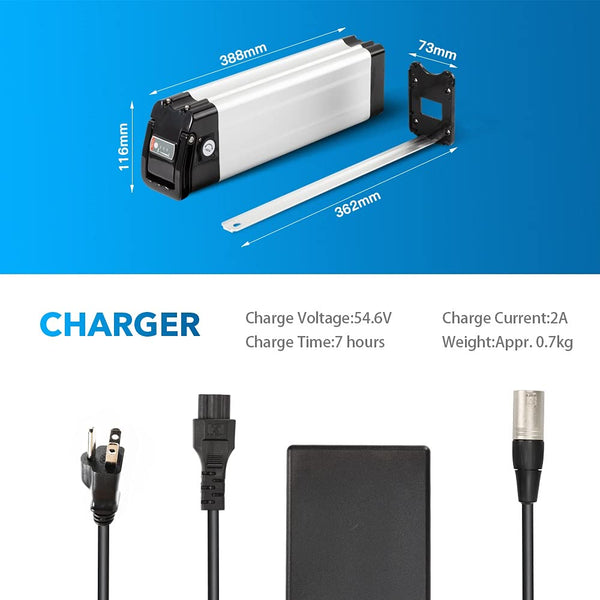YS YOSE POWER 48V 15AH Lithium Ebike Battery Seat Tube 250W 350W 500W 750W 1000W Bicycle Electric Bike Battery with Charger 2Pins Discharge Port 30A BMS Silverfish E Bike Batteries