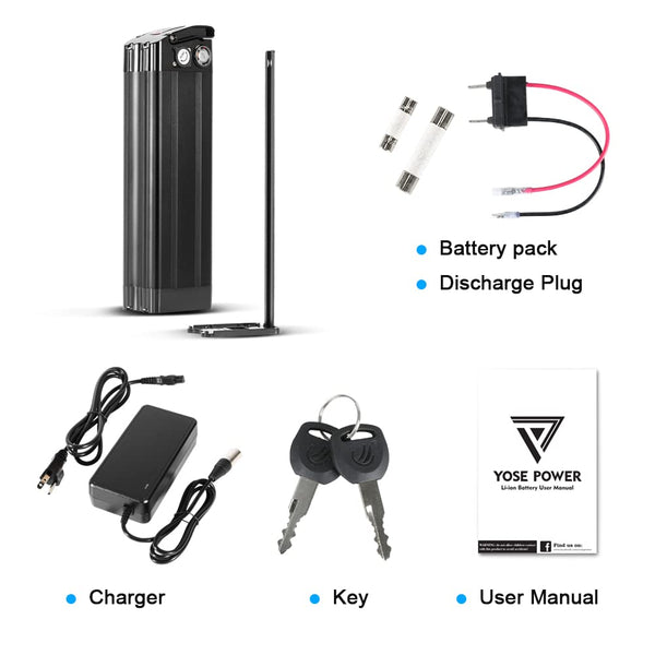 YS YOSE POWER 48V 15AH Lithium Ebike Battery Seat Tube 250W 350W 500W 750W 1000W Bicycle Electric Bike Battery with Charger 2Pins Discharge Port 30A BMS Silverfish E Bike Batteries