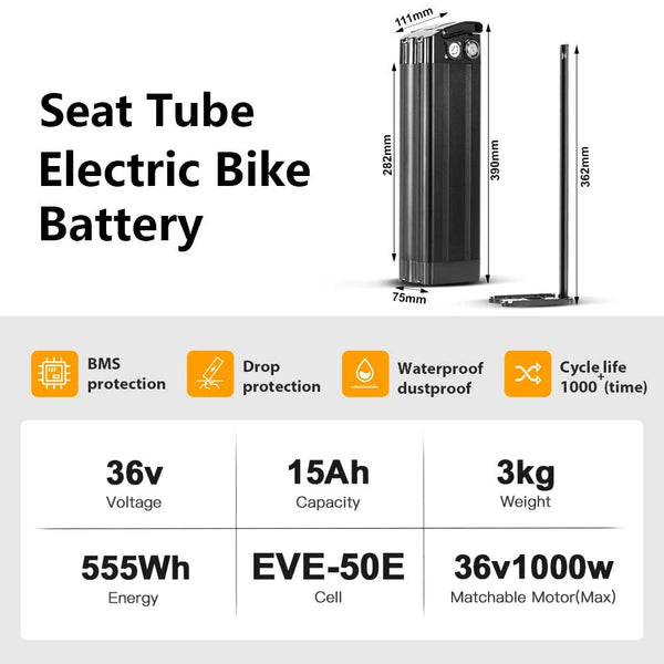 YS YOSE POWER 48V 15AH Lithium Ebike Battery Seat Tube 250W 350W 500W 750W 1000W Bicycle Electric Bike Battery with Charger 2Pins Discharge Port 30A BMS Silverfish E Bike Batteries