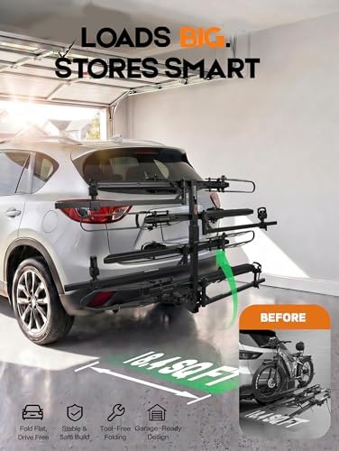 4 Bike Rack for Car Hitch Mount - Young Electric Bike Rack for Cars, SUVs, Trucks, Detachable 250 lbs Ebike Carrier for Tow Hitch Ebikes & Bikes, Folding Add-On E Bike Racks with 2" Receiver