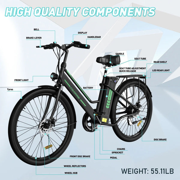 26" Electric Bike for Woman, 500W Powerful Motor, 36V 13AH Removable Battery E
