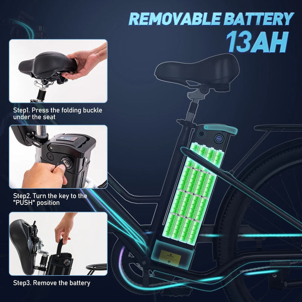 26" Electric Bike for Woman, 500W Powerful Motor, 36V 13AH Removable Battery E