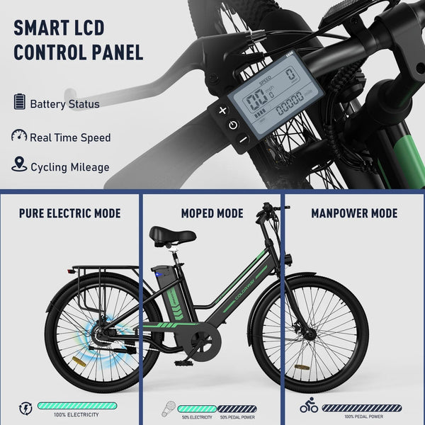 26" Electric Bike for Woman, 500W Powerful Motor, 36V 13AH Removable Battery E