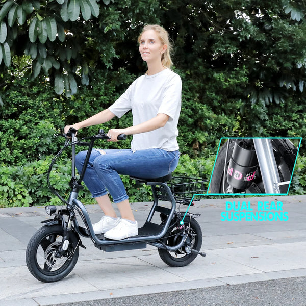 Electric Scooter with Seat, 819W Peak 500Wh Battery 25 Miles Range 20Mph Top Speed, Foldable Electric Scooter for Adults with Basket, Gray