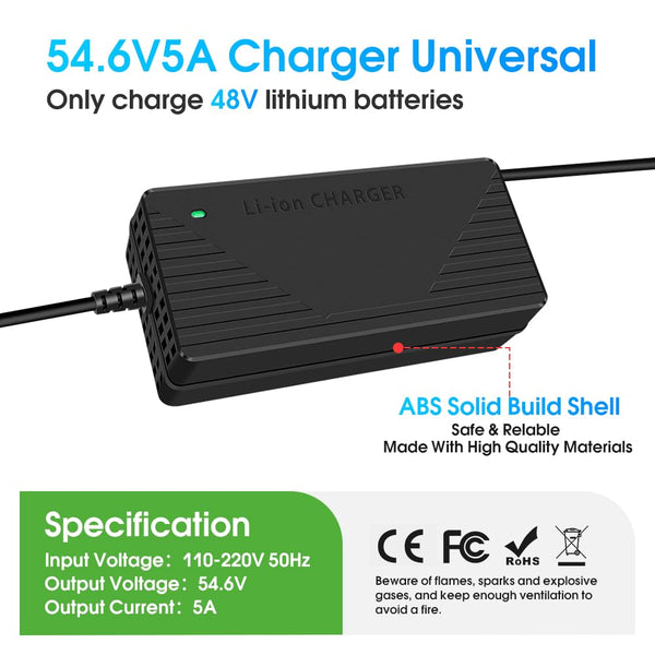 54.6V 3A/5A Fast Charger for All Batteries with a Nominal Voltage of 48V and a Fully Charged Voltage of 54.6V,Including RV,Trailer and Marine Batteries that Meet This Condition