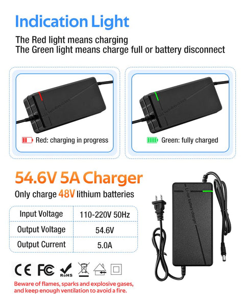 54.6V 3A/5A Charger with 6 Plug Suitable for Various Lithium Batteries, Such as Lawn Mower and Wheelchair Lithium Batteries, etc. (5A 6Plug+Bag)