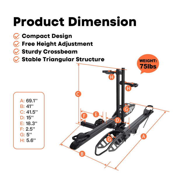 CRAVOT CyberRack EBike Rack for 2 Bike, 200 lbs Capacity Heavy Duty Electric Bike Carrier, 5-inch Fat Tire Bicycle for 2'' Receiver Cars Trucks SUVs Minivans RV, Trailer