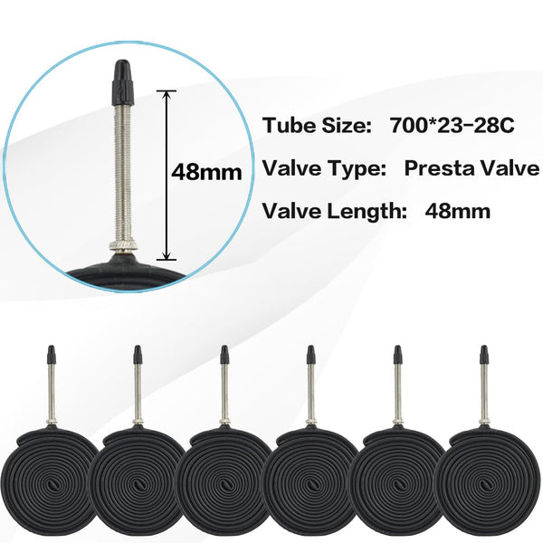 6 Pack 700c Bike Tire Tube 700 x 23c 25c 28c 30c 32c 35c 38c 40c 42c Road Bike Tubes 700C Inner Tube 48mm Presta Valve Butyl Rubber Bicycle Tube and Tire Levers