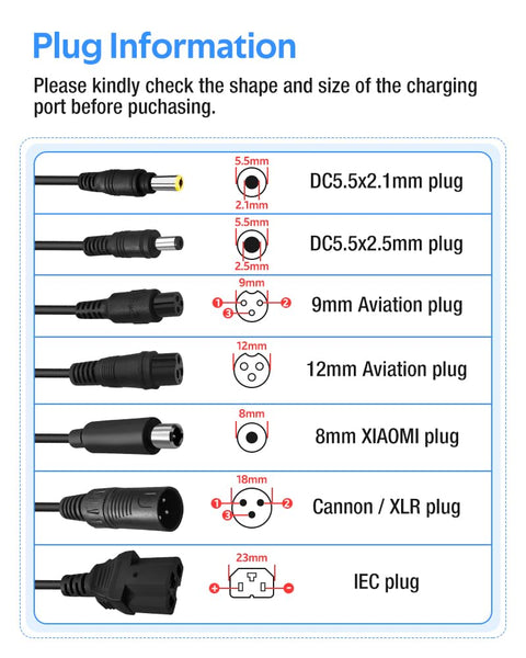 42V 3A Fast Battery Charger,DC5.5x2.1/2.5mm Plug,Not Applicable to Lead-Acid Batteries