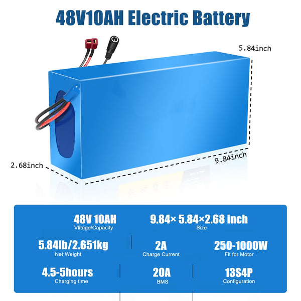 Ebike Battery 48V10Ah Lithium Battery Pack with 20A BMS, XT60 Connector for 200W-1500W Electric Bikes Scooters, ATVs, Electric Dirt Bikes(UL Certificated)