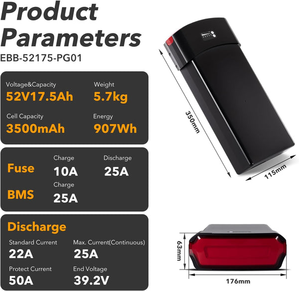 YS YOSE POWER 52V 17.5Ah Ebike Battery Compatible with PEDEGO Electric Bike 52V Electric Bike Batteries for Boomerang City Commuter Fat Tire Trike Interceptor Tandem Latch V2 Battery Replacement
