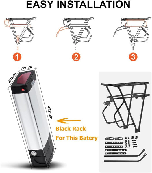 YS YOSE POWER Black Luggage for YOSE Power 48V 20.8Ah Rear Ebike Battery which is ok for Max 1500W Electric Bicycle Battery Black Luggage Rack 500W 1000W 1500W E-Bikes (Only Rack)