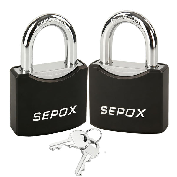 SEPOX® 2-Pack Heavy Duty Outdoor Padlocks, Keyed Alike – 1-9/16" Solid Steel, Weatherproof Rustproof Lock with Black Coating & 2 Keys for Gate, Fence, Toolbox, Gym & Shed Locker
