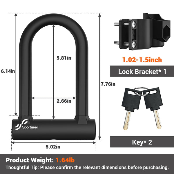 Sportneer Bike Lock: Heavy Duty Anti Theft Bike U Lock with 5ft Security Steel Cable - 17mm Shackle Bicycle U-Locks with 2 Keys & Mounting Bracket for Road Mountain Bike, Size 7.76''x5.02'', 1.64lb