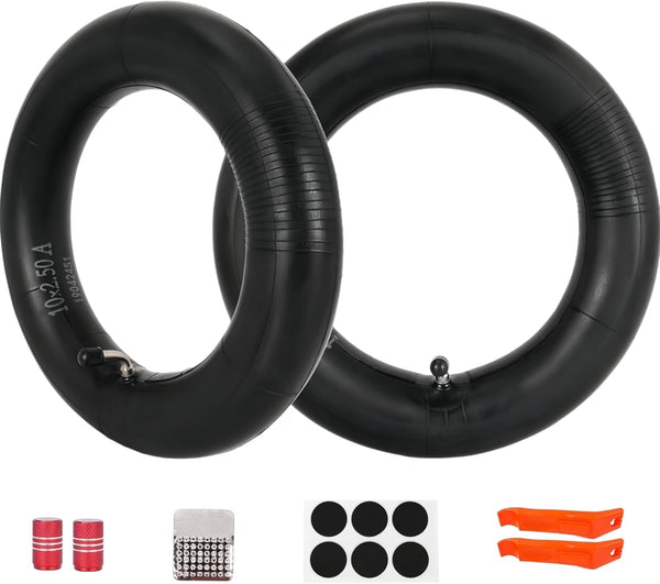 2 Pack of 10x2.50 Inner Tubes and Repair Kit, 10" Bicycle Butyl Tube with 90° Bent Valve Stem Replacement for Electric Scooter Self-Balancing Scooter Kid's Trike Tricycle