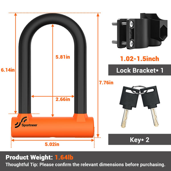 Sportneer Bike Lock: Heavy Duty Anti Theft Bike U Lock with 5ft Security Steel Cable - 17mm Shackle Bicycle U-Locks with 2 Keys & Mounting Bracket for Road Mountain Bike, Size 7.76''x5.02'', 1.64lb