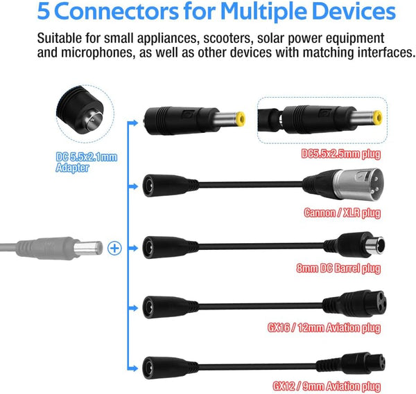 5 Adapting Plugs, DC2.1 to DC2.5/8mm DC Barrel/GX12/GX16/XLR Plug