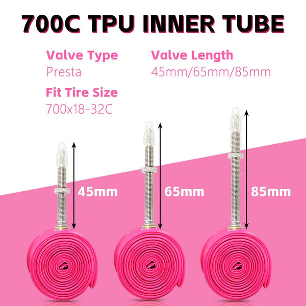 4 Pack Ultralight TPU Bike Inner Tubes 700X18C/23C/25C/28C/30C/32C Presta Valve 45/65/85mm Pink Color for Road Bicycle Tire