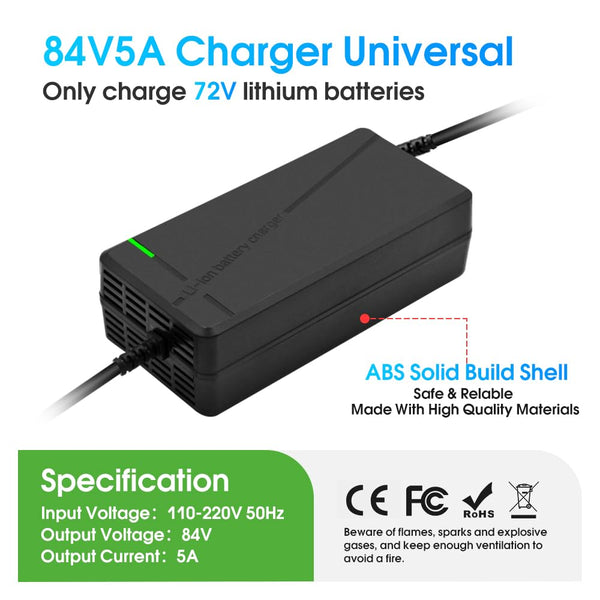 84V 5A Charger for72V Lithium Battery Such as Car Truck Lawn Mower Boat Marine Batteries (IEC Plug)