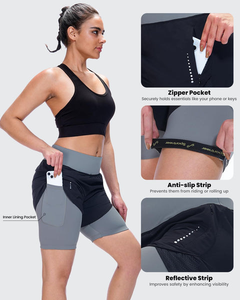 Sportneer Women Padded Bike Shorts - 4D Bicycle Cycling Shorts with 2 Zipper Pockets & 1 Inner Thigh Pocket
