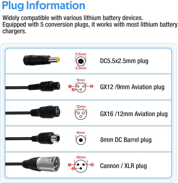 5 Adapting Plugs, DC2.1 to DC2.5/8mm DC Barrel/GX12/GX16/XLR Plug