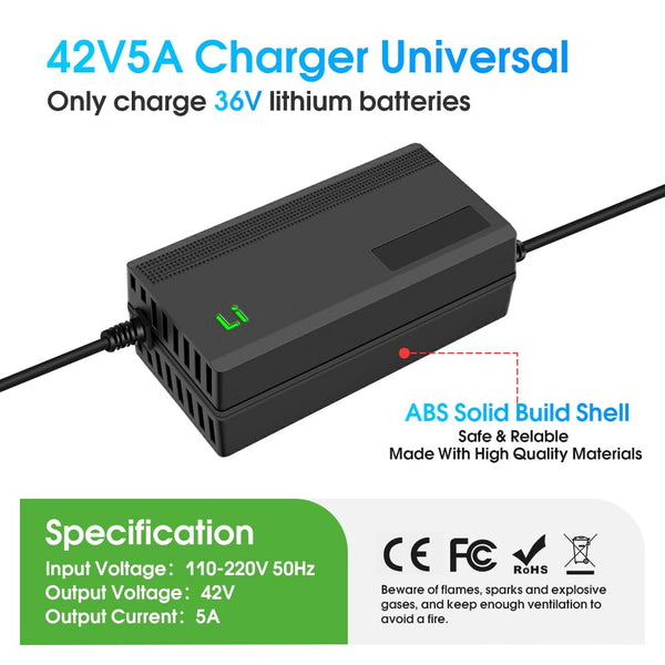 42V 5A Charger for All Batteries with a Nominal Voltage of 36V and a Fully Charged Voltage of 42V,Including RV,Trailer and Marine Batteries that Meet This Condition