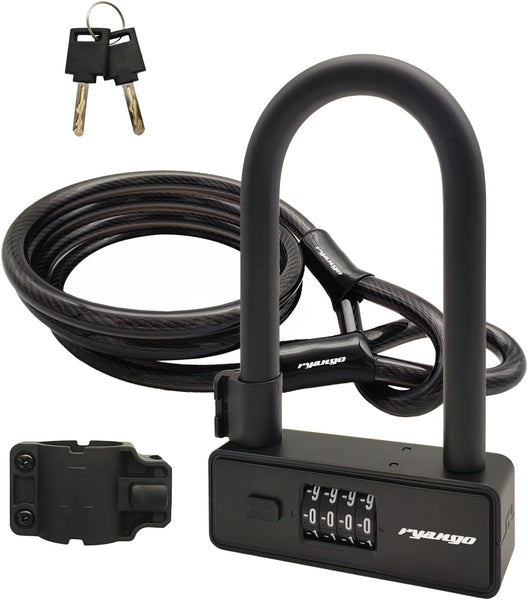Bike U Lock Anti Theft, 4 Digit Heavy Duty Combination Bicycle Lock with 6FT Steel Cable, High Security U Lock for Bike, Motorcycle, Scooter, Door, Fence, Mounting Bracket Included