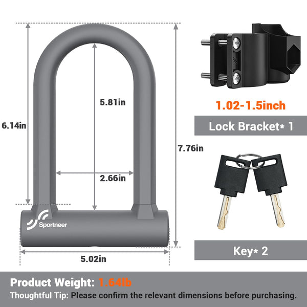 Sportneer Bike Lock: Heavy Duty Anti Theft Bike U Lock with 5ft Security Steel Cable - 17mm Shackle Bicycle U-Locks with 2 Keys & Mounting Bracket for Road Mountain Bike, Size 7.76''x5.02'', 1.64lb