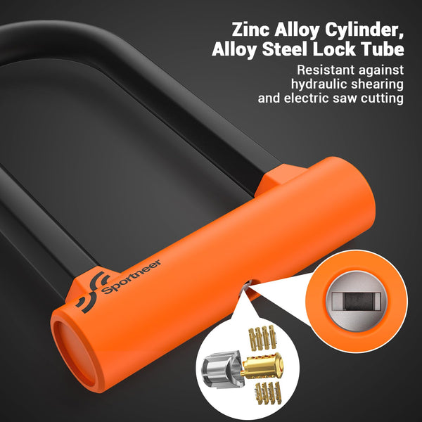Sportneer Bike Lock: Heavy Duty Anti Theft Bike U Lock with 5ft Security Steel Cable - 17mm Shackle Bicycle U-Locks with 2 Keys & Mounting Bracket for Road Mountain Bike, Size 7.76''x5.02'', 1.64lb