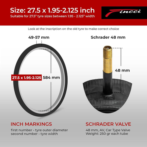 Fincci Pair 27.5 x 1.95-2.125 Inch Bike Inner Tubes 48mm Schrader or Presta Valve Inner Tube for Mountain MTB Road Hybrid Bicycle - Pack of 2