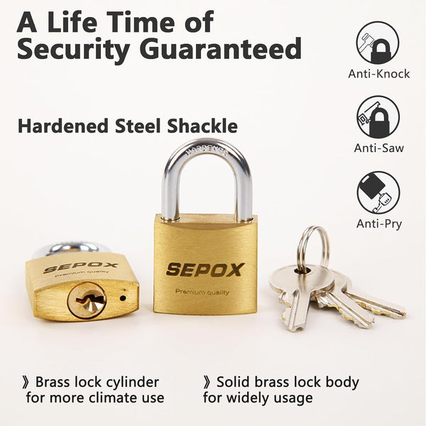 SEPOX 2-Pack Premium Solid Brass Padlock Keyed Alike, 1-9/16" 40mm Heavy Duty Weatherproof Outdoor Lock with 4 Same Keys, Copper Padlock for Gate, Gym Locker, Tool Box, Storage, Shed, Fence & More