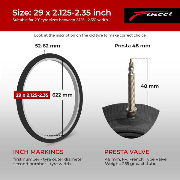 Fincci 29 x 2.1 x 2.2 x 2.3 x 2.35 Inch Bike Inner Tubes – 29 inch Bike Tire Tube with 48mm Presta or Schrader- 29 Bike Tube Butyl Rubber for Mountain & Hybrid & E Bikes – Pack of 2