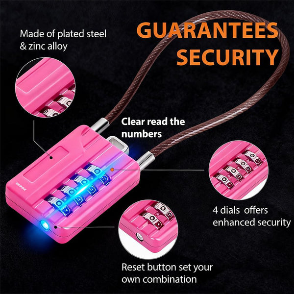 SEPOX® 4 Pcs Resettable Combination Padlock, 1-3/16" Width Body with 32cm Extrem Long Cable, 4 Digit Combo Cable Lock for Suitcase, Travel Bag, Gym Lockers, Filing Cabinets,Pack of 4 Black